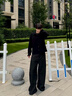 頂峰保羅（Dingfengbaoluo）日系鉚釘直筒褲男秋季寬松純色垂感百搭休閑長(cháng)褲ACA01黑色L 曬單實(shí)拍圖