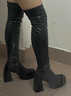 百麗踏時(shí)尚女長(cháng)靴過(guò)膝方頭瘦瘦靴粗跟女秋冬防水臺超高跟彈力厚底加絨靴 黑色9厘米單里 38 曬單實(shí)拍圖