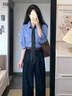 瑪嬌媚（Majiaomei）休閑褲女裝套裝2025年早秋新款小個(gè)子工裝夾克外套襯衣闊腿褲子女 外套+格子襯衣+牛仔褲 XL 曬單實(shí)拍圖