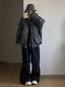 棉之雪PU皮羊羔絨夾克棉服男女冬季加厚保暖翻領(lǐng)棉衣美式保暖工裝外套 黑灰色 XL 曬單實(shí)拍圖