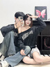 TRYFORLOVE美式字母斜肩情侶裝衛衣2025新款春秋款一字肩秋季寬松百搭外套男 黑色 常規 XL 男衛衣 曬單實(shí)拍圖