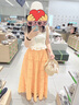 UR2025夏季新款女裝拼接荷葉邊蝴蝶結(jié)裝飾短袖T恤UYU450104 米白 (（領口偏大）) S 曬單實拍圖