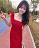西兒法式氣質(zhì)甜美木耳邊方領(lǐng)波點(diǎn)連衣裙女夏季2025新款海邊度假長裙 紅色波點(diǎn) L 曬單實拍圖