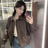奈加圖（NAIJIATU）皮衣外套女秋季韓版2025新款百搭休閑機車(chē)服寬 棕色【加棉】 加厚 M 建議80-100斤 曬單實(shí)拍圖