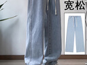 初唐牛仔褲男士寬松緊系帶直筒水洗休閑褲棉彈闊腿男褲子 深藍色 XL  曬單實(shí)拍圖