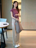 韓璐嬌（hanlujiao）休閑褲女裝2025夏季新款氣質(zhì)顯瘦搭配一整套冰絲運(yùn)動(dòng)闊腿褲套裝女 紫薯色上衣+卡其色褲子 M （建議96-108斤） 曬單實(shí)拍圖