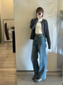 森馬（Semir）牛仔褲女抓毛闊腿褲港風(fēng)冬季2025顯腿長拖地褲ins潮109725124002 曬單實拍圖