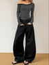 MJ STYLE美式復古西裝休閑褲女春秋季通勤高腰顯瘦寬松闊腿彎刀褲 黑色 L 曬單實(shí)拍圖