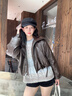 對白【杜鵑同款】PU皮翻領(lǐng)短款羽絨服女2025冬季新款保暖皮衣夾克 巧克力棕 L 曬單實(shí)拍圖