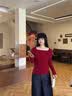 ONLY2025秋季新款一字肩坑條紋修身針織長袖打底衫女|125324015 F16 里約紅色 XS 曬單實拍圖