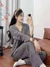 MOXTOC帶胸墊睡衣女秋冬磨毛高級感長(cháng)袖長(cháng)褲吊帶家居服三件套裝可外穿 天空灰（三件裝套裝） L （建議100~120斤） 曬單實(shí)拍圖