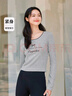 森馬（Semir）【甜心女高】長(cháng)袖t恤女短款緊身蕾絲花邊上衣24新款甜美印花外穿 淺花灰00202 M 曬單實(shí)拍圖
