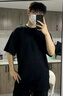 OEMG重磅美式復古純色棉情侶短袖t恤男夏季五分袖潮流寬松潮牌上衣服 黑色 XL [建議125-140斤] 曬單實(shí)拍圖