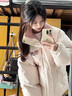鏡莎美拉德風(fēng)棉服女2025新款冬季羽棉襖絨服女羊羔毛拼接PU皮衣外套 米白色 均碼 可以備注碼數 曬單實(shí)拍圖