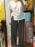 三彩2025冬季新款休閑條紋褲松緊腰寬松直筒褲長(cháng)褲女 黑白條紋 L 165/72A 曬單實(shí)拍圖