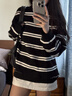 佐敘黑白條紋圓領(lǐng)衛衣女秋冬2025新款寬松顯瘦休閑百搭慵懶風(fēng)外套上衣 黑白條紋 M （80-100斤） 曬單實(shí)拍圖