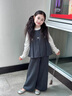 G.DUCKKIDS小黃鴨女童小香風(fēng)套裝春秋季兒童洋氣上衣服秋裝女孩闊腿褲兩件套 馬甲+褲子+打底衫 160 cm 曬單實(shí)拍圖