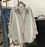 蘑菇同學(xué)米白色寬松加厚襯衫女春秋新款韓版休閑上衣中長(cháng)款工裝外套潮 米白色 L 建議100-120斤 曬單實(shí)拍圖