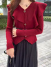 羅蒙（ROMON）韓版短上衣網(wǎng)紗半身裙兩件套裝秋冬季2025年新款女士V領(lǐng)連衣裙女 紅色 M 曬單實(shí)拍圖