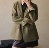 Olrain歐芮兒老錢(qián)風(fēng)撞色袖口羊毛呢西裝外套冬季女裝大衣衣服 綠色 M 曬單實(shí)拍圖