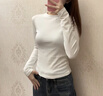 Olrain歐芮兒純色坑條長(cháng)袖T恤女秋裝新款修身顯瘦上衣內搭打底衫 白色 L 曬單實(shí)拍圖