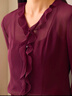 伊芙麗（eifini）伊芙麗v領(lǐng)袖口微喇設計襯衫女2025秋季新款氣質(zhì)通勤荷葉邊小上衣 酒紅 L 曬單實(shí)拍圖