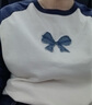 初語(yǔ)牛仔蝴蝶結美式t恤女2024秋季新款撞色插肩袖減齡休閑上衣 藏藍-米杏 M 曬單實(shí)拍圖