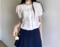 小野七天甜美木耳邊泡泡袖襯衫短袖女夏季韓系娃娃領(lǐng)百搭顯瘦別致短袖上衣 白色 L 曬單實(shí)拍圖