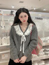 茯見(jiàn)學(xué)院風(fēng)荷葉邊娃娃領(lǐng)慵懶可愛(ài)甜美蕾絲針織開(kāi)衫拼接毛衣韓系外套 灰色 均碼 曬單實(shí)拍圖