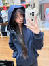 棉致復古印花拼接休閑連帽外套女秋冬季新款開(kāi)衫衛衣慵懶風(fēng)上衣加絨 藏青色【7703常規高品質(zhì)】 L 100-120斤 曬單實(shí)拍圖