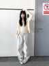 普戈斯（PUGESI）美式星星貼布褶皺工裝褲男女2025秋季新款潮牌寬松闊腿沖鋒休閑褲 淺灰色 2XL 曬單實(shí)拍圖