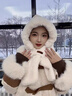 恒源祥圍巾帽子女冬天保暖圍巾一體連體套頭帽騎車(chē)防寒護耳可愛(ài)毛絨圍脖 奶白色 曬單實(shí)拍圖