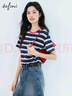 伊芙麗（eifini）伊芙麗2025夏裝新款撞色領(lǐng)彩色條紋T恤女圓領(lǐng)短袖百搭打底衫 藏青 S 曬單實(shí)拍圖