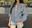 FAIRFAFO林肉肉【百搭撞色格紋外套】藍色復古長(cháng)袖夾克女早秋寬松外穿上衣 藍條格 S 衣長(cháng)63體重80-110 曬單實(shí)拍圖