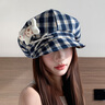 QUEEN TRIP可愛(ài)小貓蝴蝶結格紋貝雷帽女顯臉小翻檐八角帽大頭圍報童畫(huà)家帽子 藏青色-小貓蝴蝶結格紋貝雷帽 曬單實(shí)拍圖