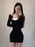DXOT純欲性感蕾絲長袖連衣裙女春季新款小眾設計感修身掐腰包臀短裙子 黑色短裙 M 建議90-105斤 曬單實拍圖
