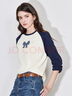 初語(yǔ)牛仔蝴蝶結美式t恤女2024秋季新款撞色插肩袖減齡休閑上衣 藏藍-米杏 XL 曬單實(shí)拍圖