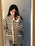 彌柯菲撞色條紋連帽針織開(kāi)衫女2025秋冬寬松慵懶風(fēng)遮肉毛衣外套大碼上衣 灰白 M 曬單實(shí)拍圖