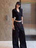 佐敘法式設計感小眾t恤女2025夏季別致純欲風(fēng)辣妹V領(lǐng)修身短款中袖上衣 黑色 L （100-115斤） 曬單實(shí)拍圖