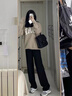 闊腿褲女2025秋季新款高腰褲子寬松垂感直筒褲韓版黑色女士休閑褲 黑色【春秋款】長(zhǎng)褲 L 【建議108-120斤】 曬單實(shí)拍圖