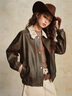 佐丹奴設計師款擦色皮衣女裝軟皮外套拼接蕾絲翻領(lǐng)皮夾克18375511 08深咖色 L 曬單實(shí)拍圖