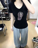 皮爾卡丹純棉短袖t恤女2025新款夏裝v領(lǐng)拼接撞色開叉韓版時尚減齡燙鉆上衣 822黑色-帽子 L (建議100-115斤) 曬單實拍圖