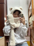皓梵潔帽子女冬季帽子圍巾一體冬天保暖秋冬毛絨小熊女手套圍脖高顏值 白色小熊帽子 三件套 曬單實(shí)拍圖