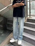 裴客 美式街頭水洗做舊牛仔褲男春秋直筒寬松歐美高街vibe風(fēng)長(cháng)褲子 藍色 XL 130-145斤 曬單實(shí)拍圖
