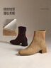 百麗（Belle）畫(huà)廊假日復古彈力靴女2025冬新氣質(zhì)粗跟增高瘦瘦短靴BBWB1DZ5預售 啡色-單里 38 曬單實(shí)拍圖