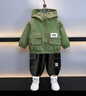兒童春秋套裝連帽百搭輕薄外套男寶酷帥夾克衫新款小男孩潮流套裝 面包兜工裝褲套裝 100 cm建議身高95左右 曬單實(shí)拍圖