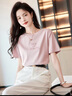 德·瑪納（dme）夏季簡約風(fēng)云感棉含桑蠶絲短袖t恤女絲光棉字母繡花小個子女式t恤 曬單實拍圖
