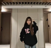 魯雅爾韓版黑色連帽衛衣女春秋季新款復古重磅數字格子上衣潮流寬松外套 黑色 常規 L 建議100斤到120斤 曬單實(shí)拍圖