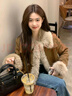 愛(ài)麥依2025新款美拉德復古棕色韓系外套女秋冬加厚短款拼接毛毛上衣棉服 棕色【夾棉加厚】 S 建議105斤以?xún)?曬單實(shí)拍圖