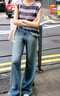美洋（MEIYANG）果凍牛仔褲 雙芯紗Q彈垂墜復古闊腿褲 藍色加長(cháng)版 S 曬單實(shí)拍圖